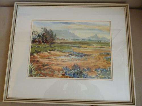 Table Mountain and Signal Hill by Maurice Fearns. Signed Watercolour Bright Superb Condition Framed.
